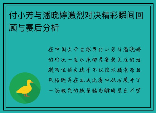 付小芳与潘晓婷激烈对决精彩瞬间回顾与赛后分析