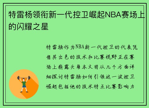 特雷杨领衔新一代控卫崛起NBA赛场上的闪耀之星
